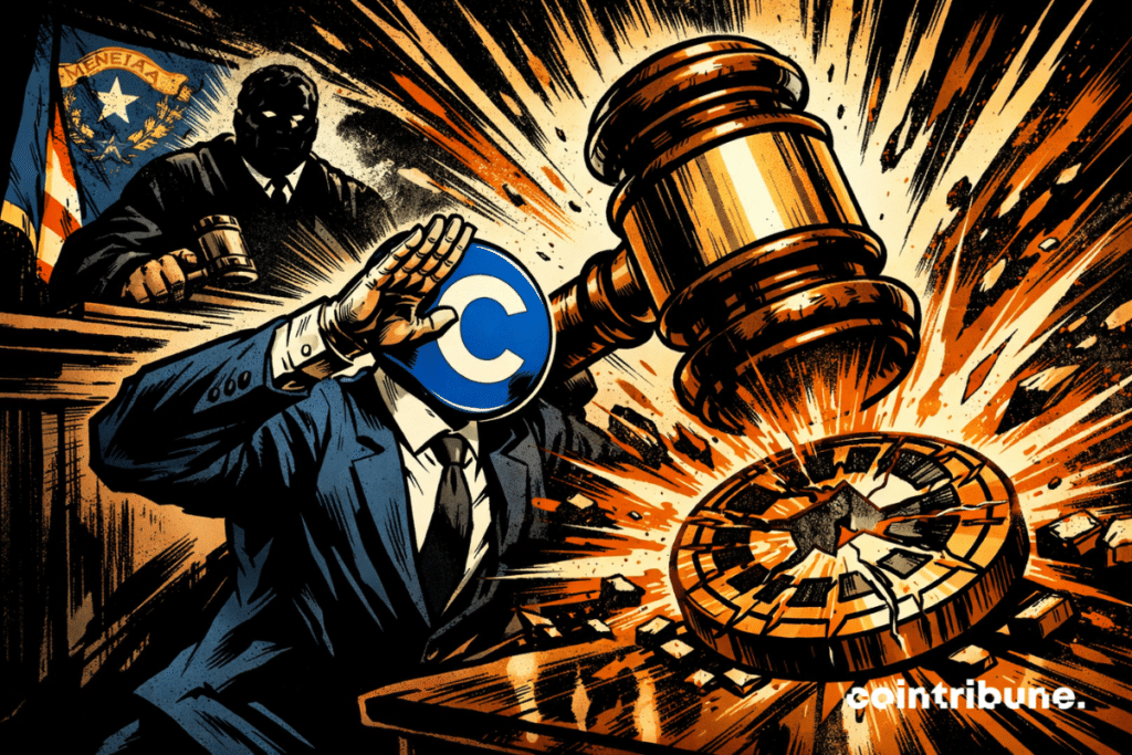 A comic-style courtroom scene shows a judge’s gavel smashing a cracked crypto symbol as a suited figure representing Coinbase raises a hand defensively amid explosive orange impact lines.
