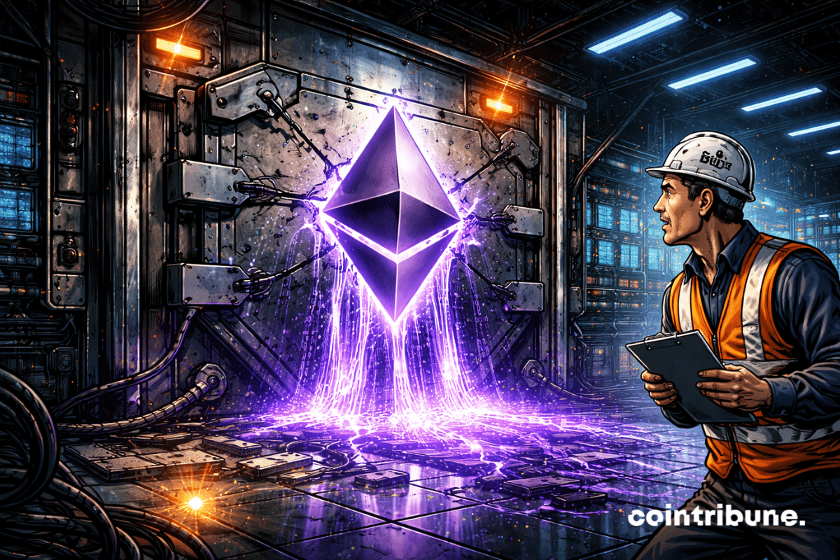 Un coffre-fort Ethereum fissuré laisse s’échapper un liquide numérique violet sous le regard d’un ingénieur de BitMine.