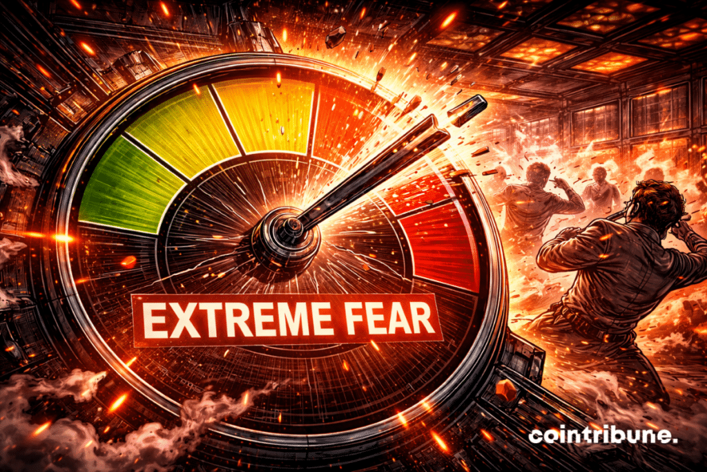 Un thermomètre de peur explosant dans la zone de peur extrême, avec des traders crypto affolés en fond.