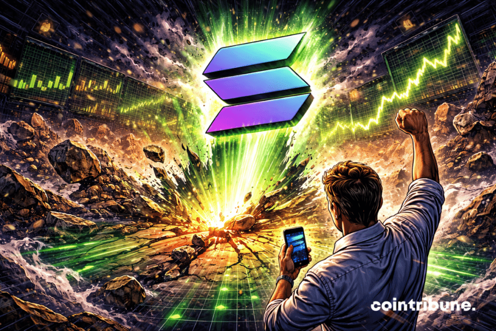 O chão se parte e o logo da cripto Solana explode em direção ao céu após um terremoto gráfico.