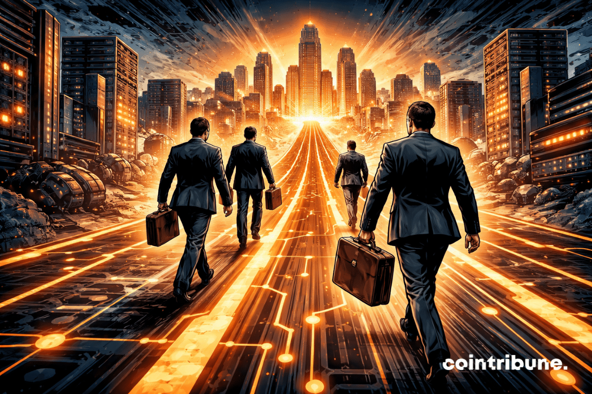 Quatre investisseurs institutionnels en costume marchent le long d'une route orange lumineuse en forme de circuit vers une ville futuriste composée de serveurs et de gratte-ciel.