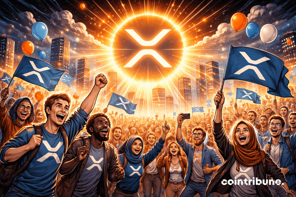 A dense and festive crowd of XRP supporters from around the world watches a giant hologram of the XRP crypto logo floating in the sky.