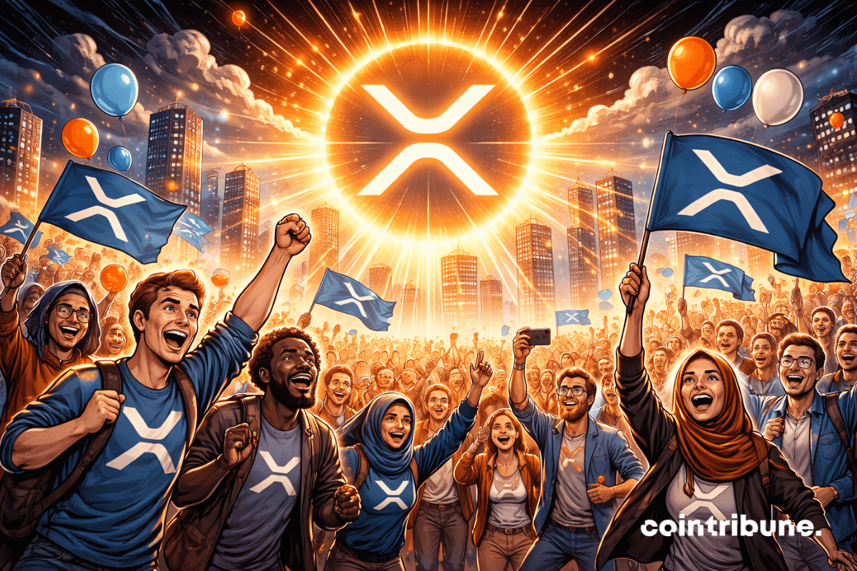 Une foule compacte et festive de supporters de XRP, venant des quatre coins du monde pour la community day, observe un hologramme géant du logo de la crypto XRP flottant dans le ciel.