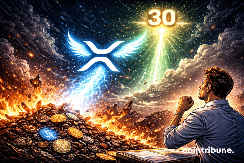 XRP is depicted as a phoenix rising above a heap of crypto ashes, flying toward a '30' glow in the sky under the gaze of a trader.