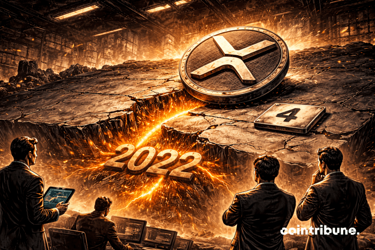 Le symbole de la crypto XRP est positionné au centre-droit d’une plateforme, légèrement incliné vers l’avant comme en perte d’équilibre. Une large fissure traverse la plateforme en diagonale. Au cœur de cette fissure, profondément gravé dans la matière, apparaît le chiffre 2022, intégré dans le métal comme une cicatrice structurelle.