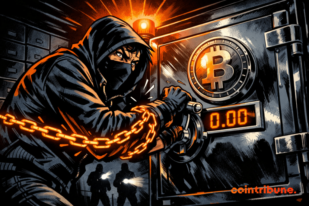 Hacker furieux, coffre crypto bloqué, chaînes orange, rançon affichée 0.00.
