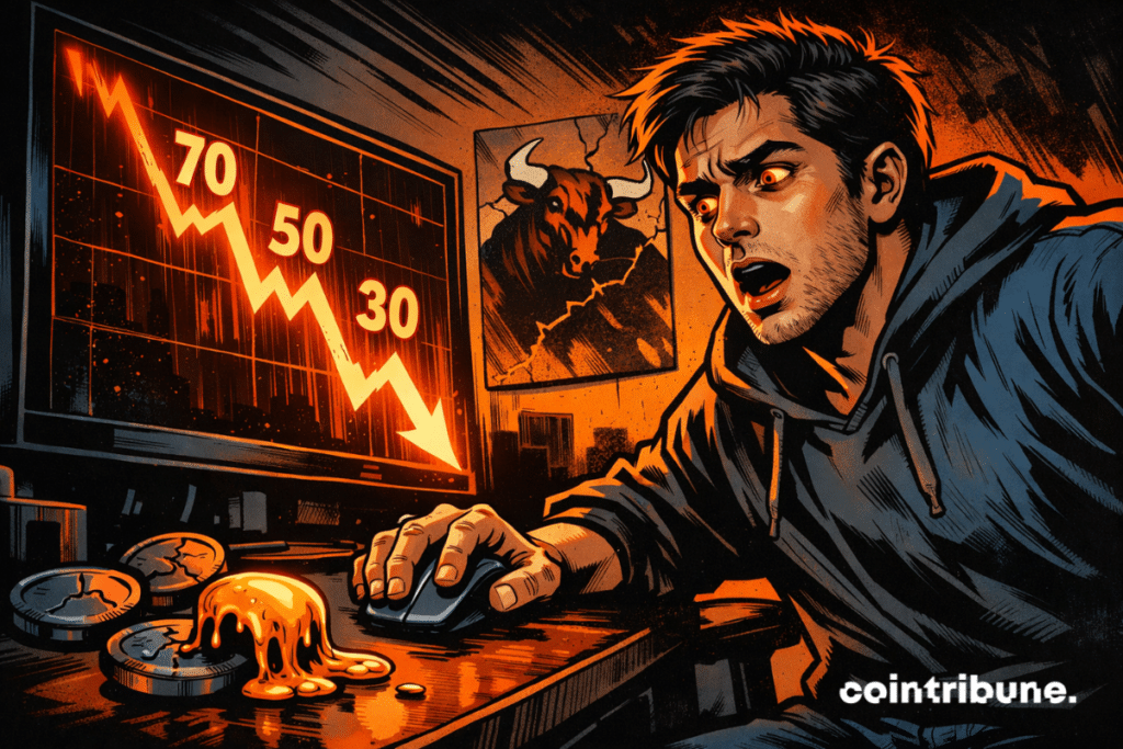 A shocked young investor in a hoodie stares at a plunging orange crypto chart marked 70, 50, and 30 while a coin melts on his desk and a cracked bull poster hangs behind him.