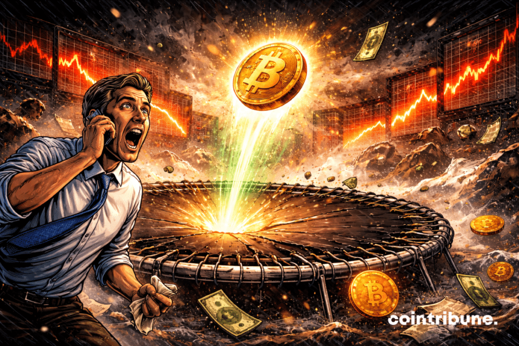 O mercado cripto está quicando fracamente no centro de um trampolim rasgado sob o olhar de um trader.