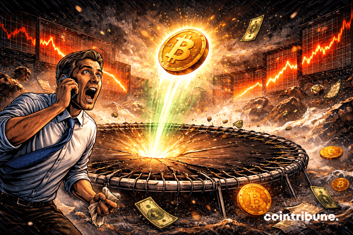 Le marché crypto est en train de rebondir faiblement au centre d’un trampoline craqué sous le regard d’un trader.