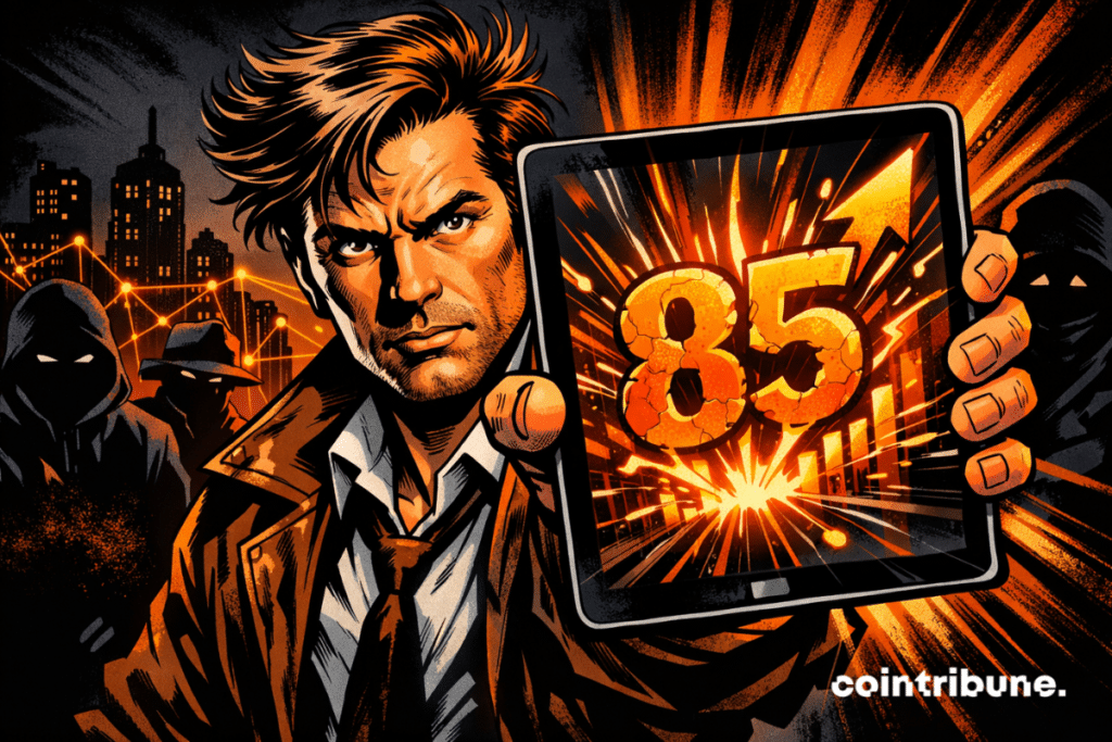 A 1970s comic-style journalist holds a glowing tablet displaying a bold orange “85” exploding upward, with shadowy figures and a connected city skyline behind him.