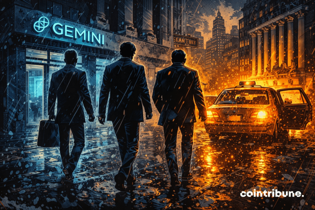 Trois silhouettes quittent Gemini sous la pluie, marchant vers un taxi éclairé, avec la skyline urbaine en arrière-plan.