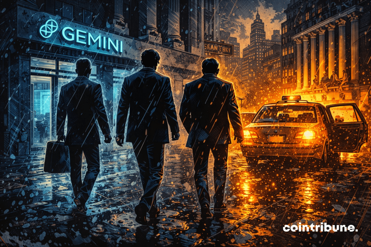 Trois silhouettes quittent Gemini sous la pluie, marchant vers un taxi éclairé, avec la skyline urbaine en arrière-plan.