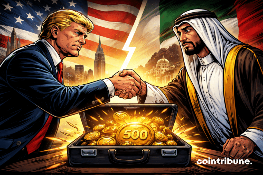 Un empresario estadounidense y un dignatario emiratí se congelan en medio de un apretón de manos sobre un maletín abierto que derrama criptomonedas brillantes marcadas con el número 500, con fondos de Estados Unidos y los Emiratos Árabes Unidos colisionando.