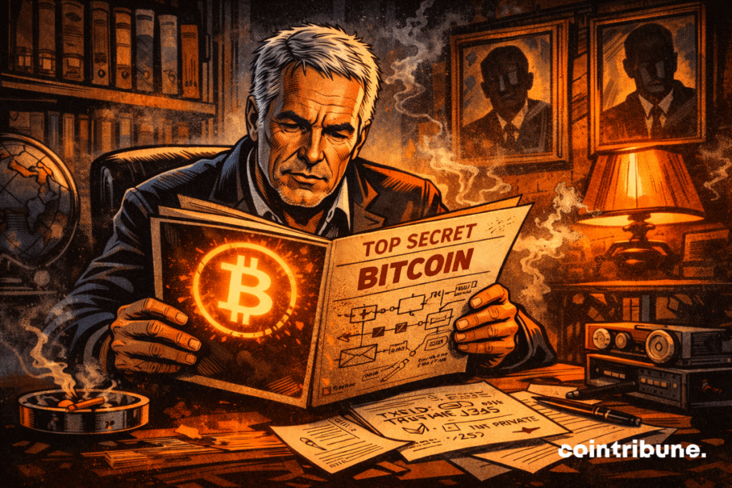 Epstein ouvre un dossier marqué “Bitcoin” dans une pièce sombre, entouré de symboles cryptiques et de figures anonymes inquiétantes.