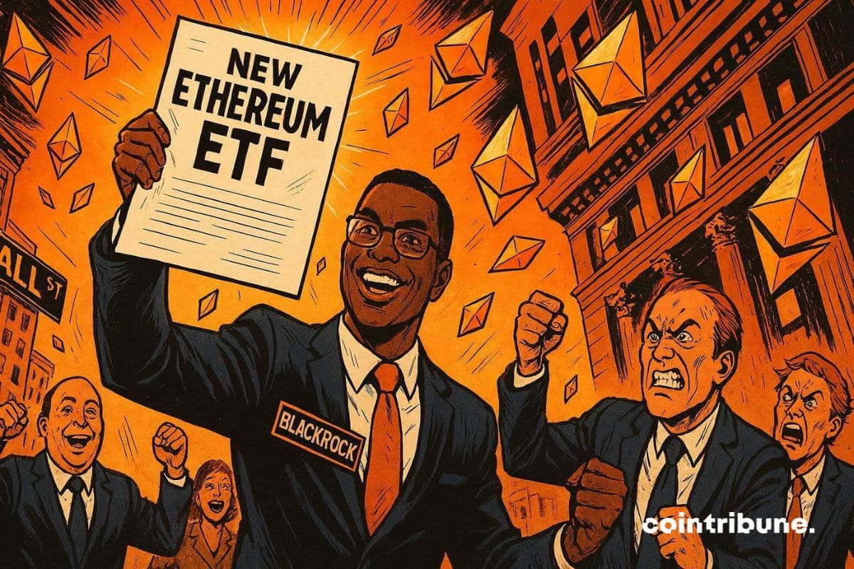 A BlackRock representative holding up a document for the new Ethereum ETF.