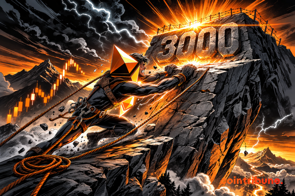 Um alpinista em estilo de quadrinhos, com o símbolo do Ethereum nas costas, sobe com dificuldade um penhasco irregular em direção a um enorme "3000" brilhante esculpido no topo, sob um céu tempestuoso.