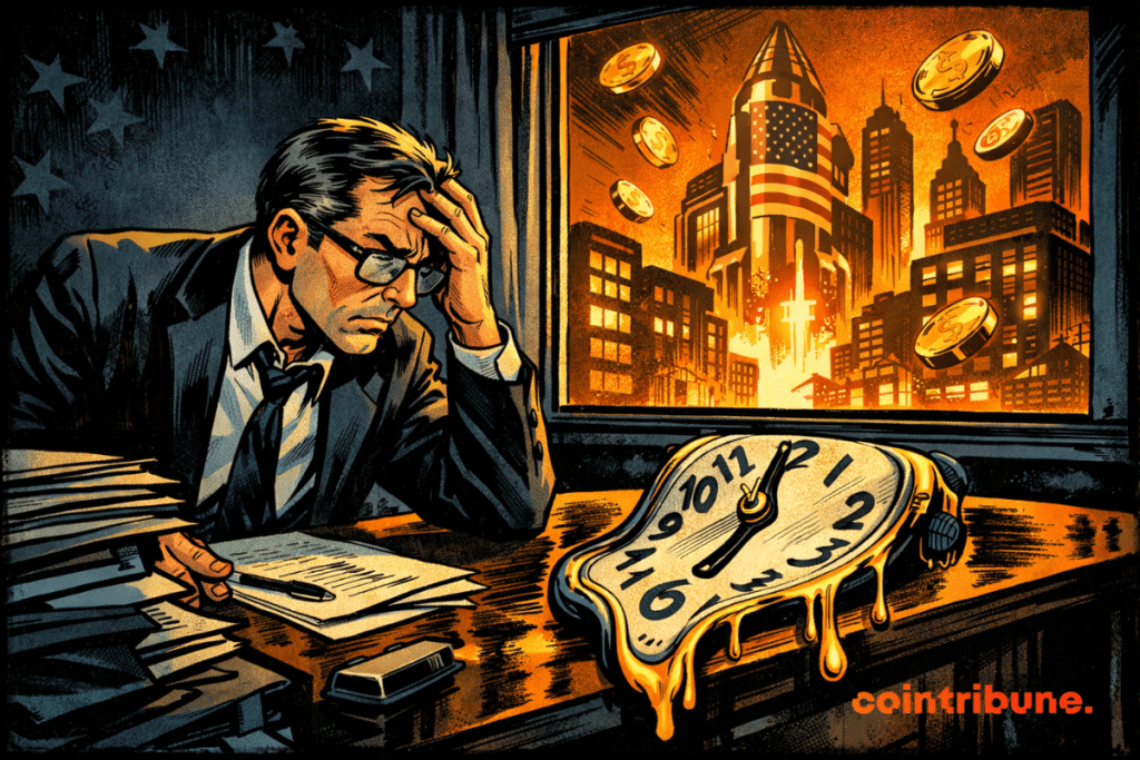 A stressed European regulator sits at a cluttered desk beside a melting clock while a glowing futuristic U.S. city with flying tokens shines through the window.