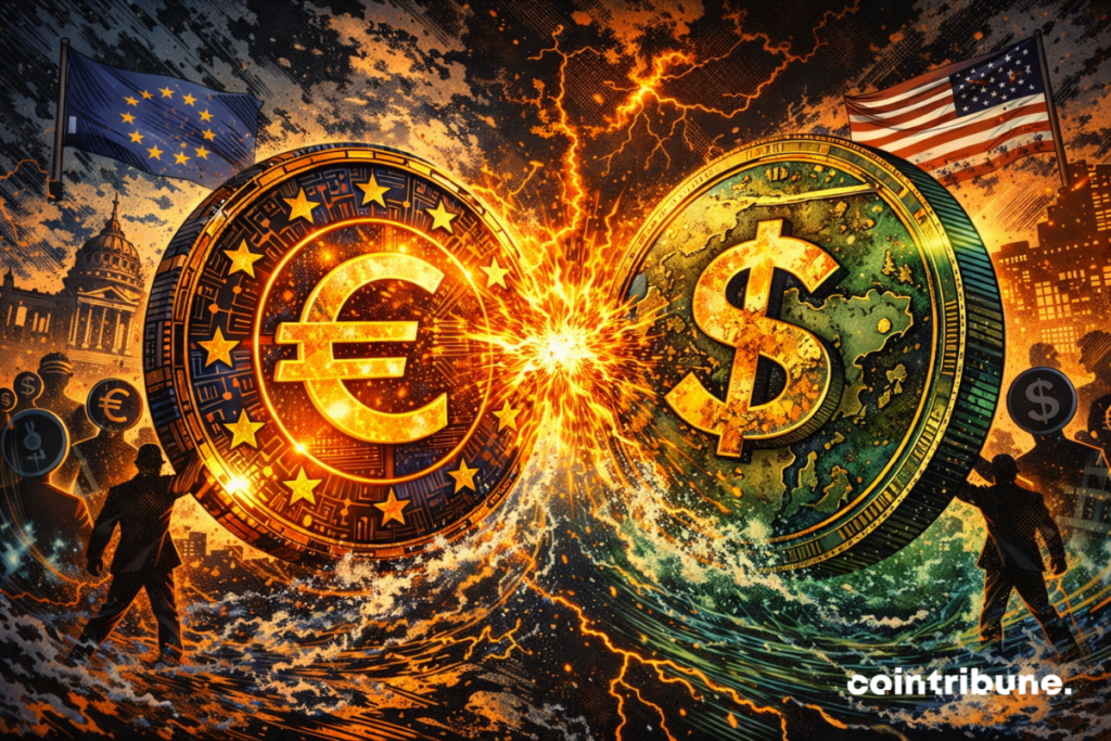 The euro and the dollar clash violently, creating a bright explosion, with European and American flags in the background.