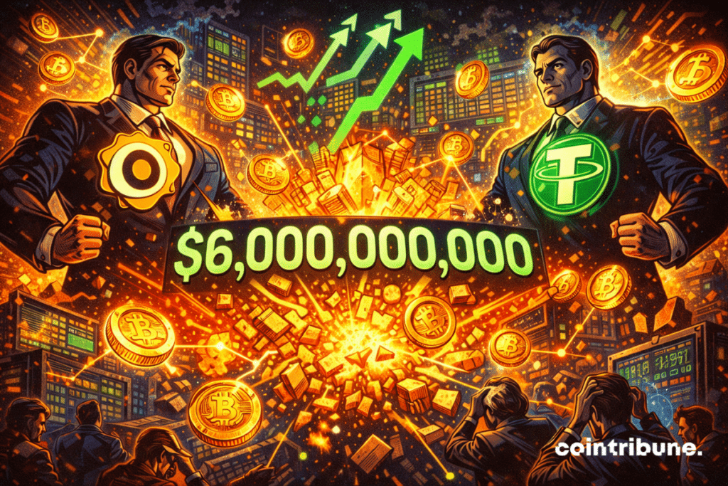 Paxos et Tether, figures imposantes, observent des tokens d'or flottants tandis que des graphiques financiers explosent autour d’eux.