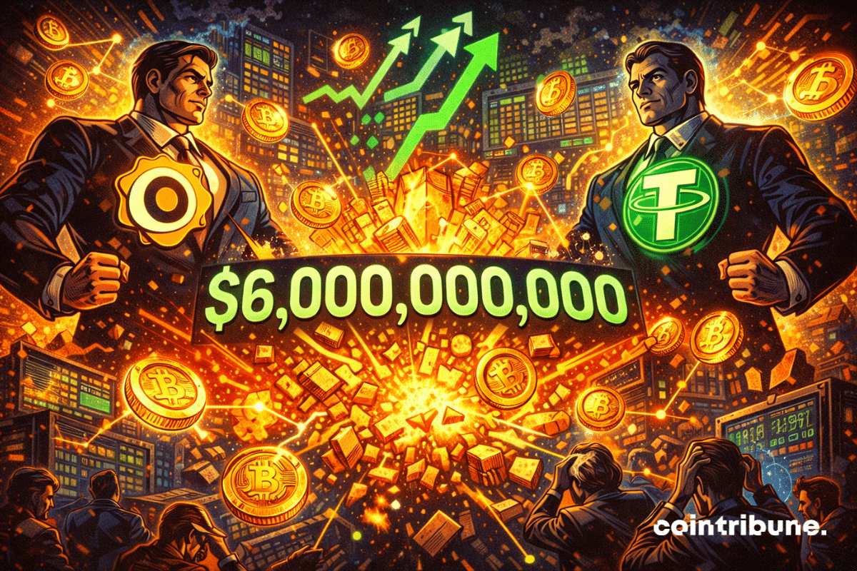 Paxos et Tether, figures imposantes, observent des tokens d'or flottants tandis que des graphiques financiers explosent autour d’eux.