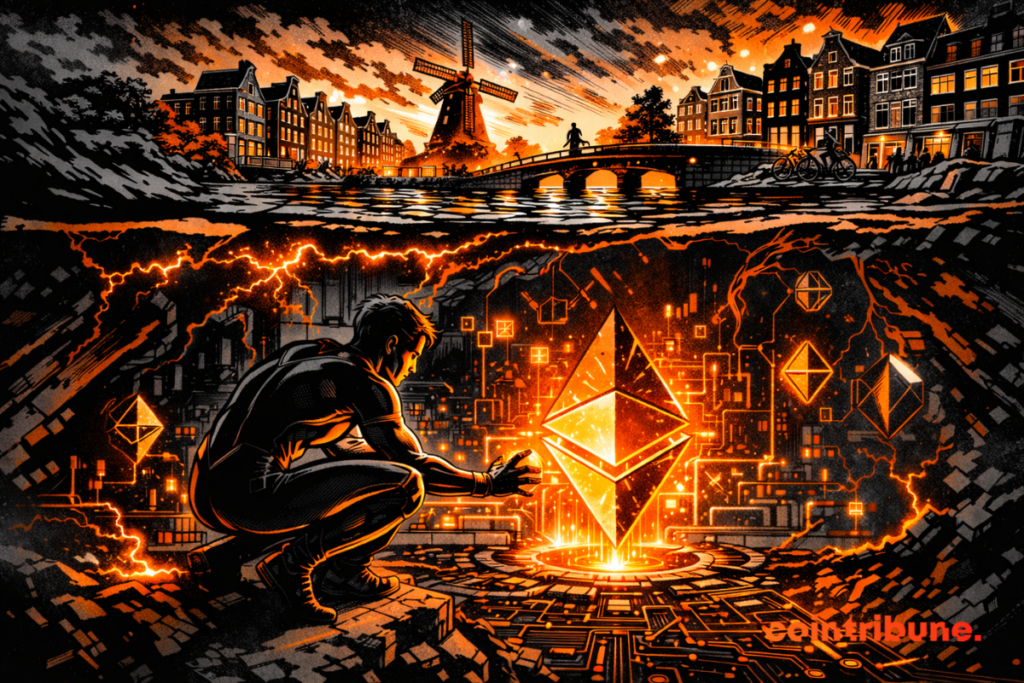 Illustration d’Ethereum brillant au cœur d’une infrastructure numérique futuriste, symbolisant la mise à jour Glamsterdam et l’évolution technologique du réseau blockchain.
