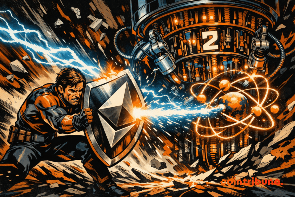 Illustration showing Ethereum protecting its network from a quantum attack symbolized by futuristic energy and supercomputers.