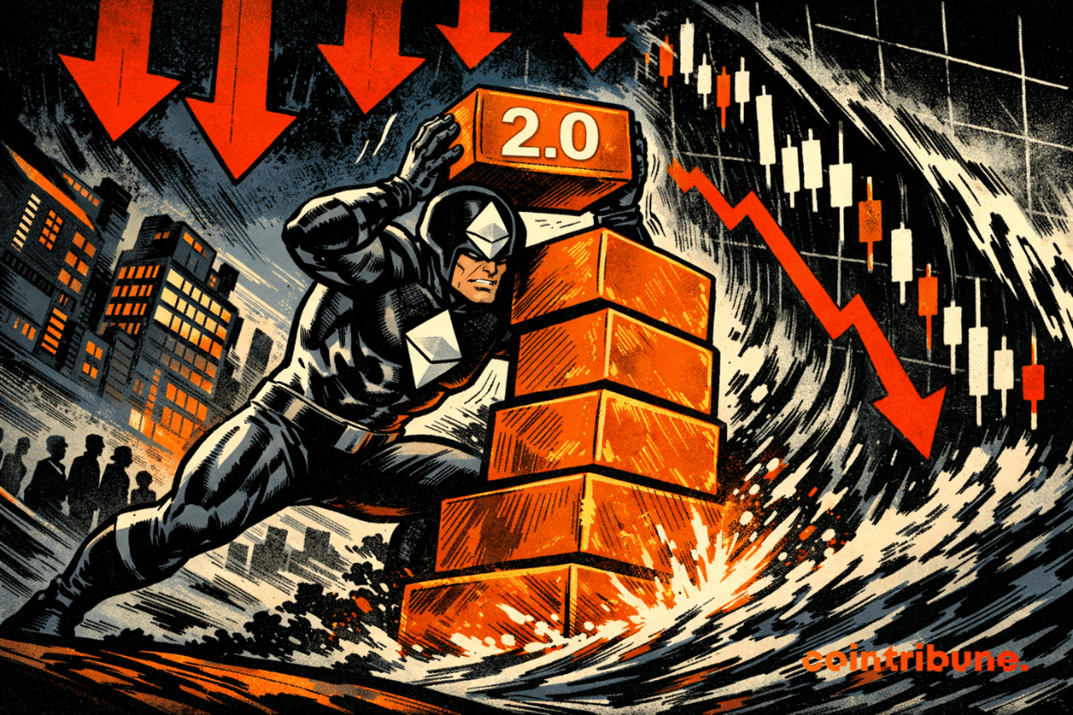 A muscular Ethereum hero in a 1970s comic style struggles to stack glowing orange “2.0” blocks upward while massive red arrows and a falling chart press down over a tilted city.