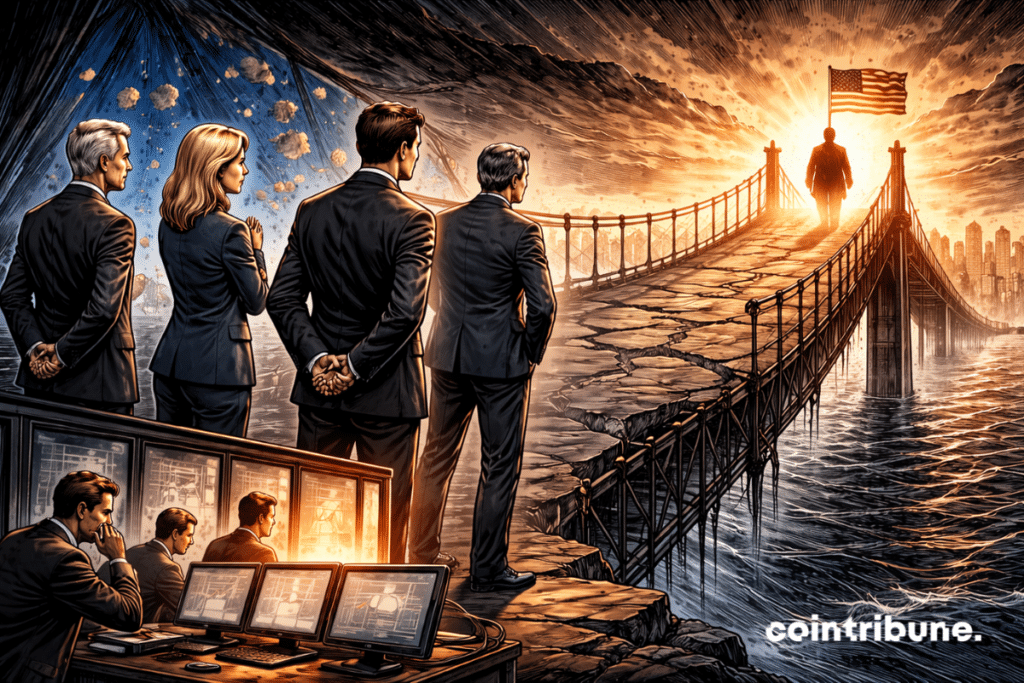 Sur un pont suspendu, les dirigeants européens avancent prudemment. À l’autre extrémité se trouve un représentant de Trump.