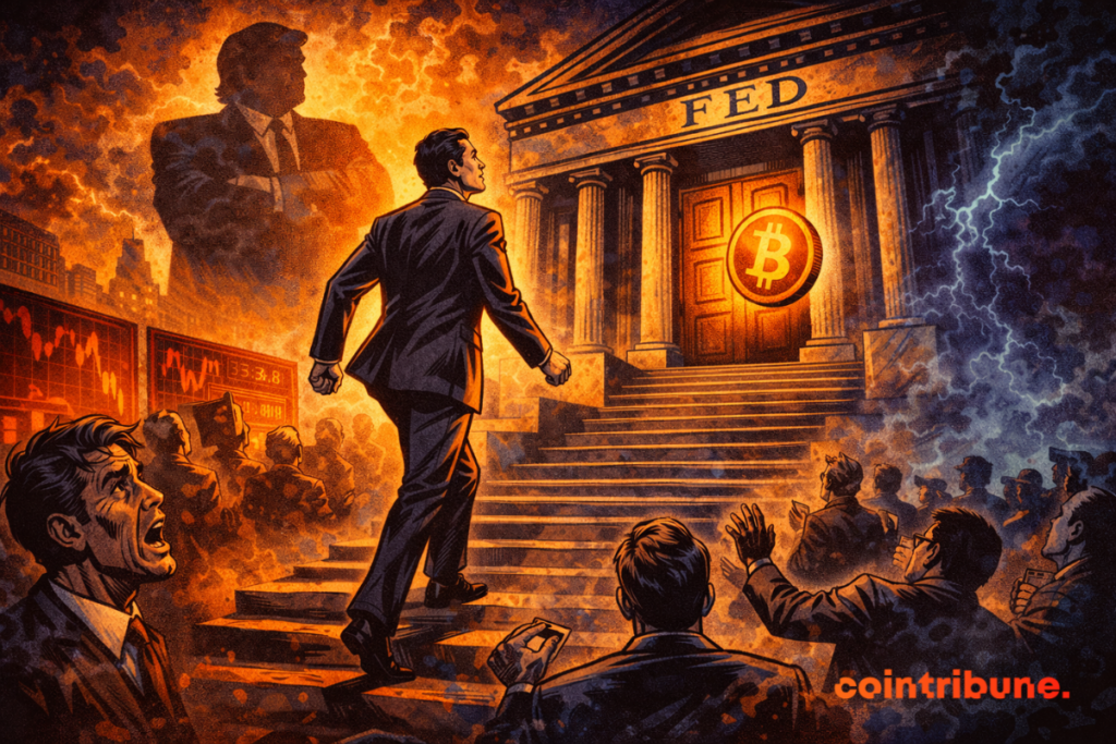 Kevin Warsh gravit les marches de la Fed, tandis que traders paniquent et qu’un Bitcoin flotte entre ombre et lumière.