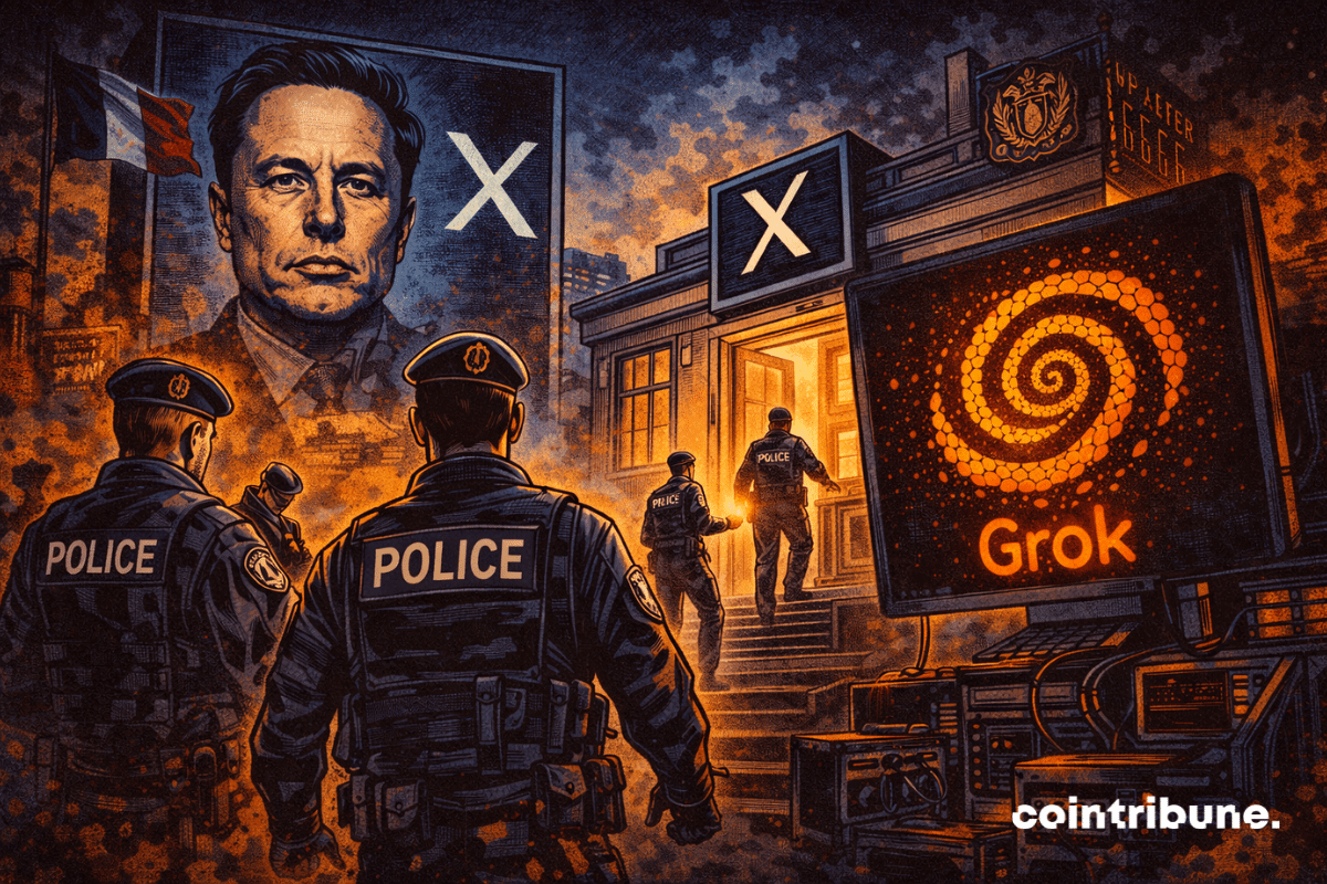 Elon Musk apparaît sur un écran, tandis que des forces françaises encerclent X. En bas, Grok pulse comme une énigme.