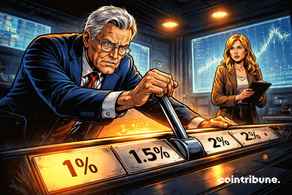 An old man representing the Fed stands at the edge of a massive metal lever labeled “Rates.”