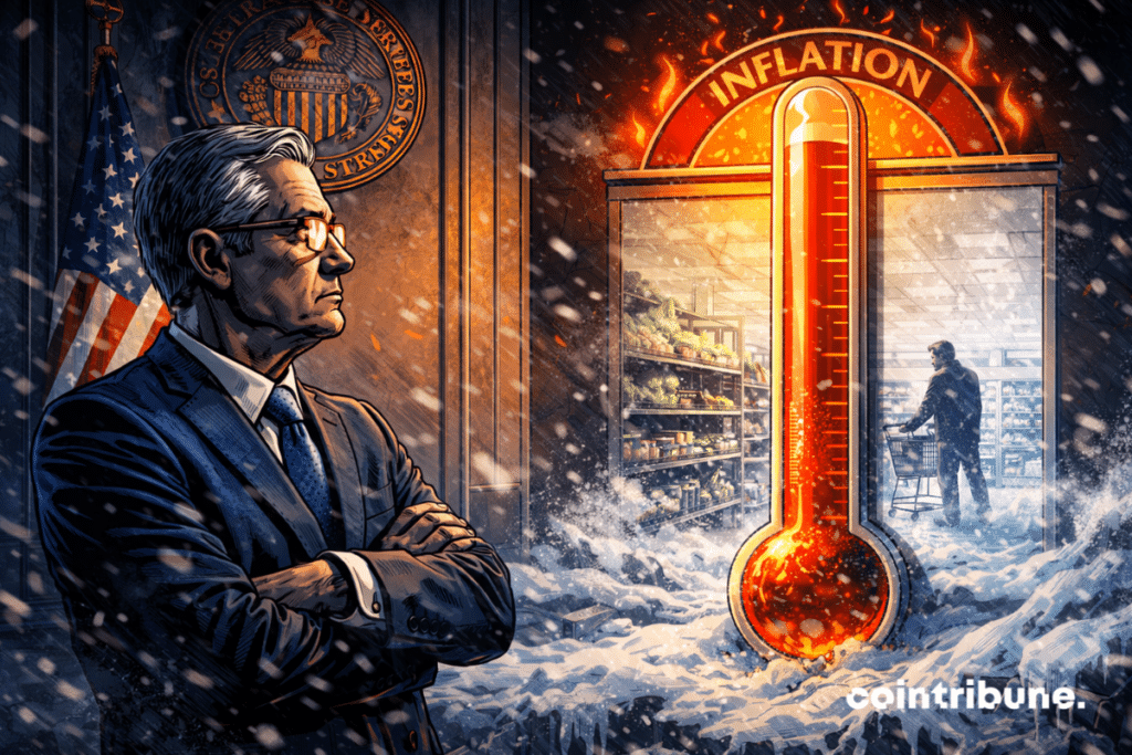 Un agent de la Fed regarde un thermomètre géant affichant une fausse inflation élevée, pendant que la réalité derrière lui est calme.