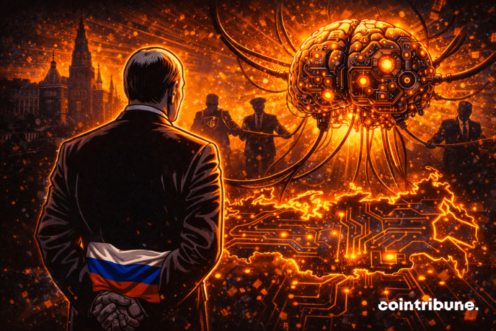 Dirigeant russe observe cerveau IA incandescent, drapeau caché derrière son dos, carte numérique illuminée, institutions tirent câbles sous tension.