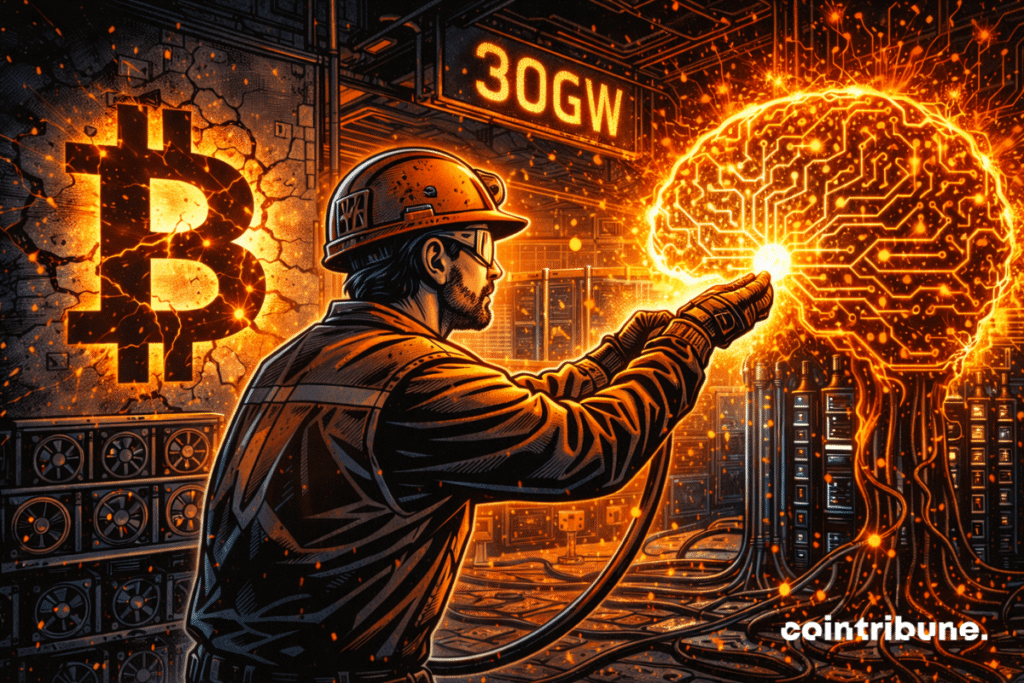 Mineur détourne énergie du Bitcoin fissuré vers cerveau IA incandescent, 30GW brille, hangar industriel symbolise transformation stratégique profonde.