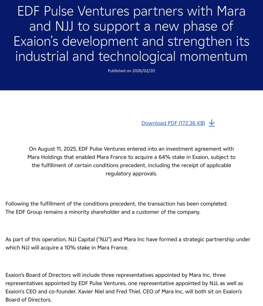 El anuncio se hizo oficial el 20 de febrero de 2026. MARA Holdings finalizó la adquisición del 64 % de Exaion, tras obtener las aprobaciones regulatorias necesarias.