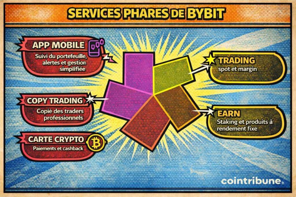 Services phares de Bybit incluant trading spot et margin, Earn staking, copy trading, carte crypto cashback et application mobile