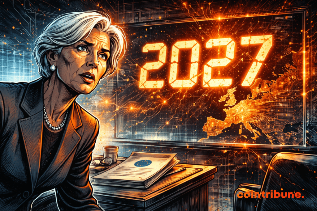 Christine Lagarde observe intensément un écran affichant 2027 lumineux, carte numérique de l’Europe éclatante derrière elle, atmosphère tendue.