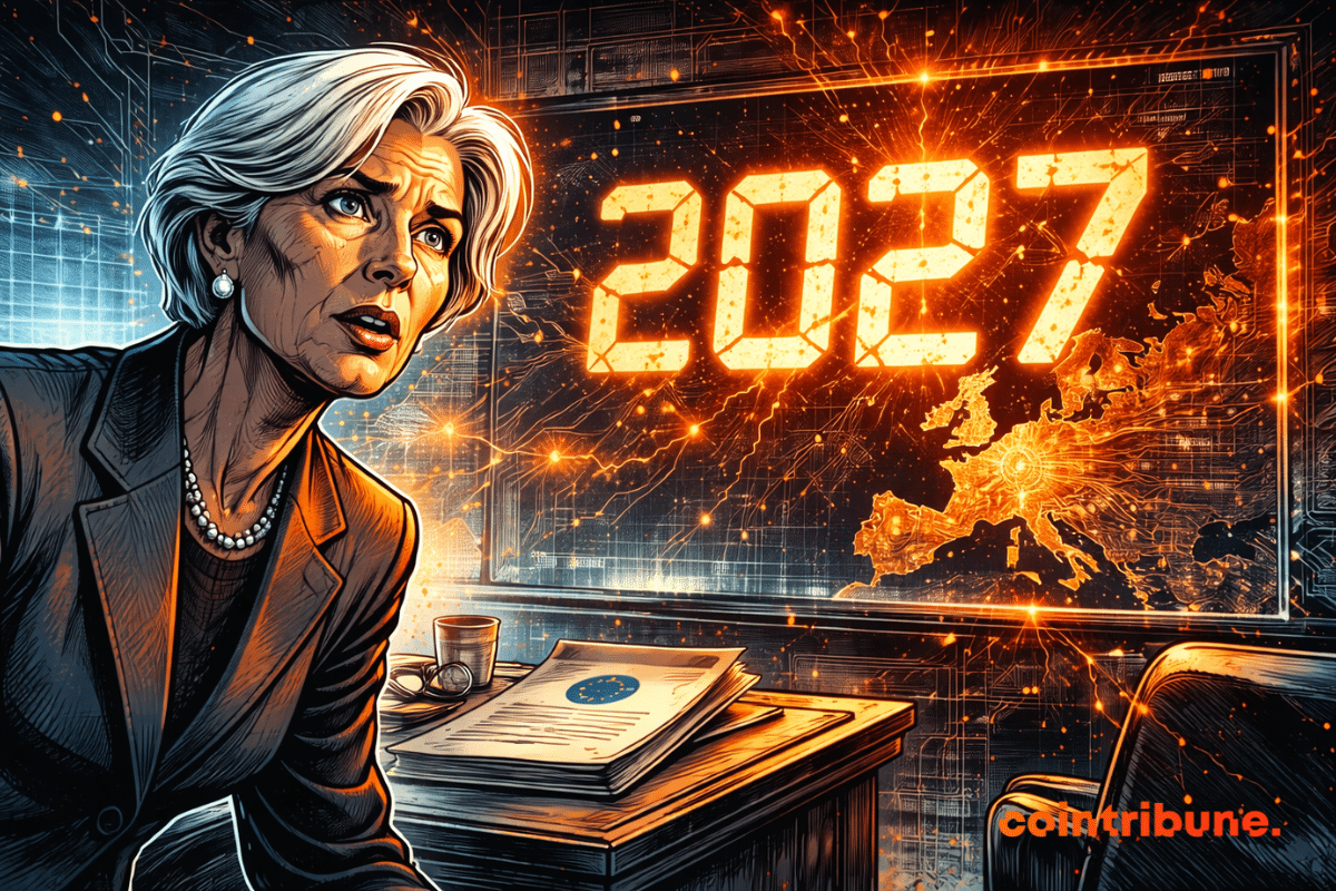 Christine Lagarde observe intensément un écran affichant 2027 lumineux, carte numérique de l’Europe éclatante derrière elle, atmosphère tendue.
