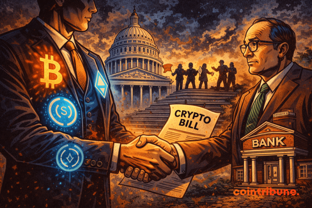 A crypto representative shakes hands with a banker in front of the Capitol, under a tense sky and divided senators.