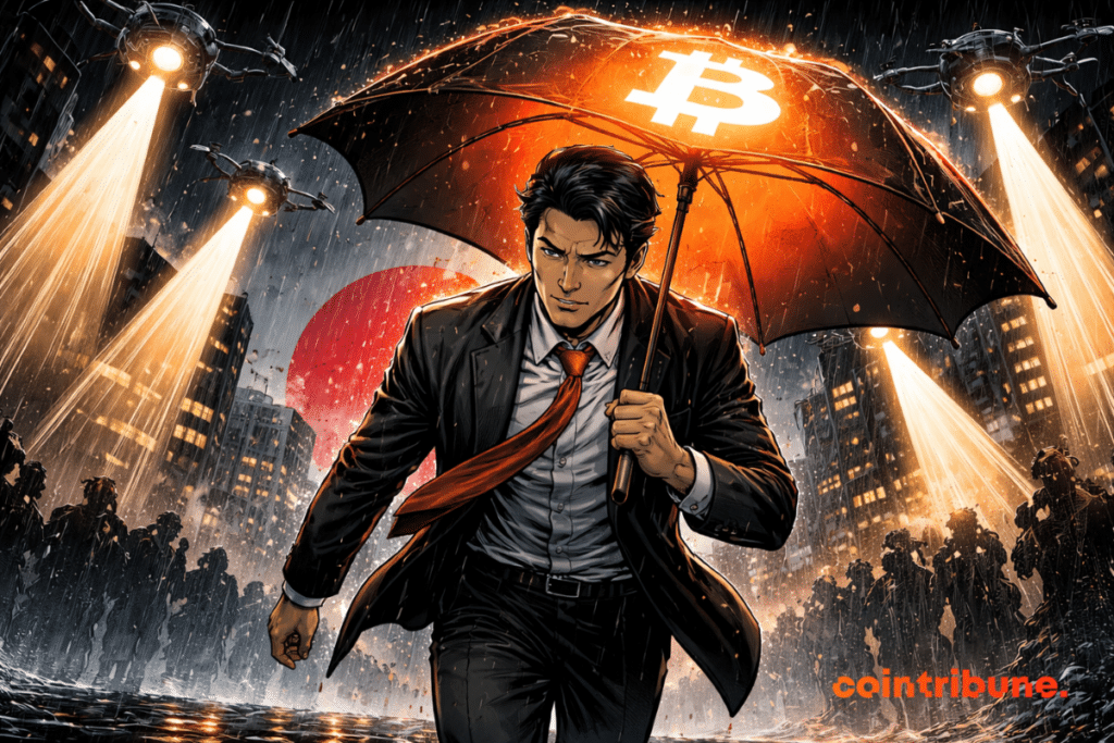 Un homme d'affaires déterminé marche sous une pluie battante dans les rues de Tokyo, la nuit, tenant un parapluie orange lumineux Bitcoin tandis que des drones braquent des projecteurs sur lui, se détachant sur un fond de soleil levant rouge.