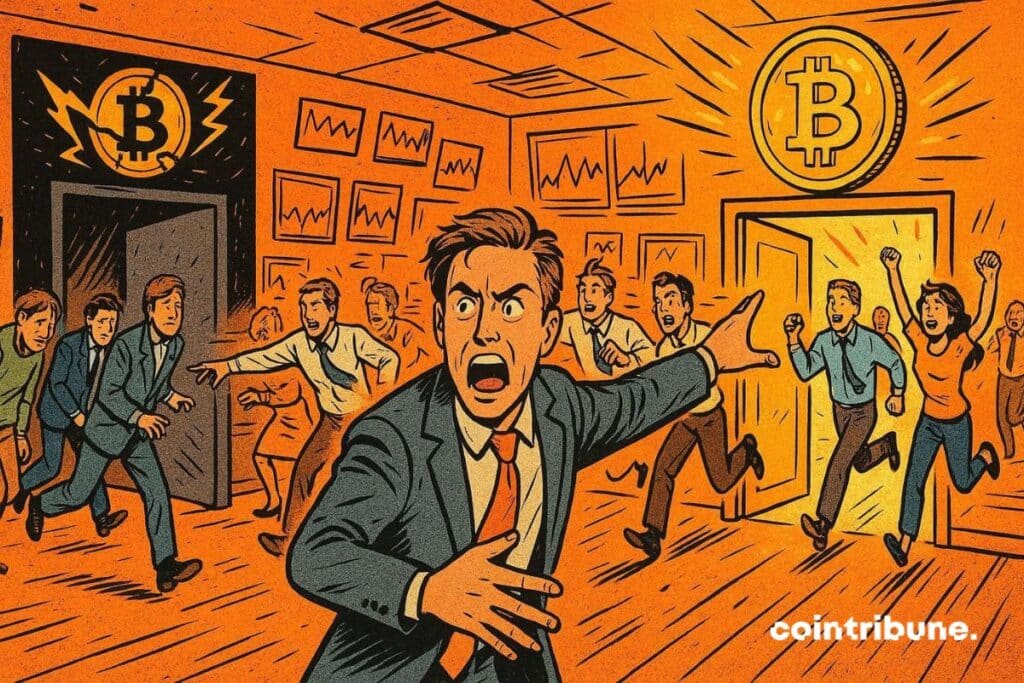 Michael Saylor qui dévoile deux scénarios extrêmes du bitcoin dans une salle de marché agitée.