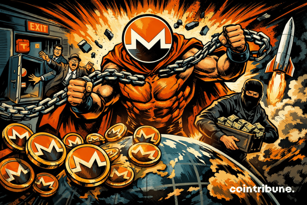 Monero es representado como una figura poderosa que rompe sus cadenas, simbolizando la resiliencia de la red frente a la regulación, la vigilancia y su creciente adopción en la darknet.