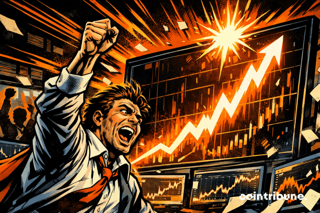 Corretor em estilo quadrinhos comemora enquanto o gráfico das ações impulsionado pela Nvidia dispara no pregão