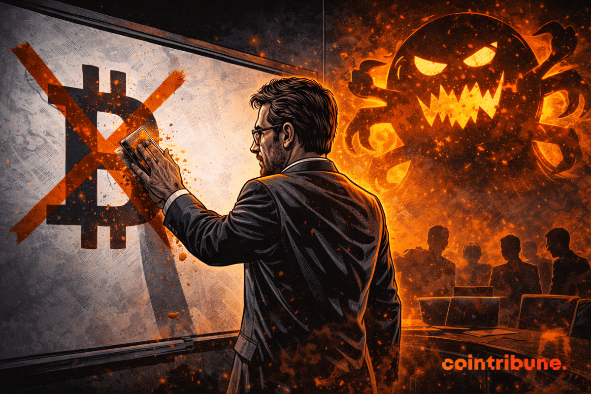 Executive erases crossed-out Bitcoin symbol, monstrous shadow behind him, tense room, silent colleagues, atmosphere of rupture and mistrust.