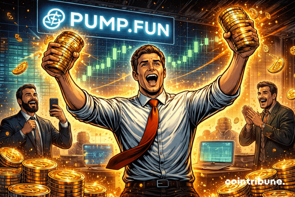Trader exultant tient des pièces de crypto Pump.fun, entouré de collègues applaudissant, dans un bureau vibrant de succès.