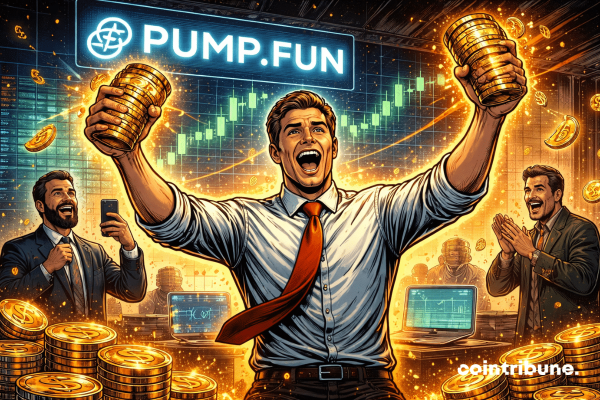 Trader exultant tient des pièces de crypto Pump.fun, entouré de collègues applaudissant, dans un bureau vibrant de succès.