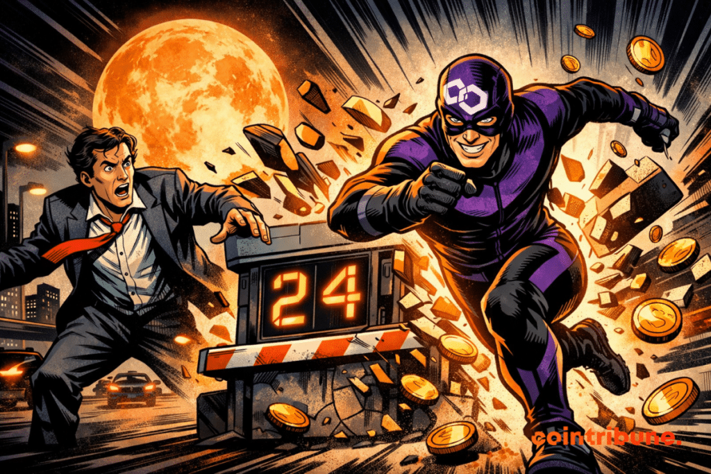 Personnage Polygon sprinte et dépasse Ethereum surpris, barrière de péage brisée, compteur 24 orange, pièces volantes, nuit.