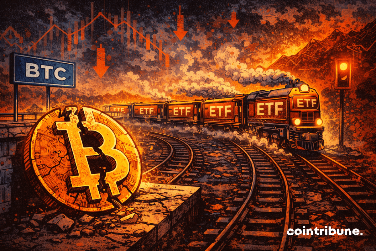 Des wagons ETF quittent une gare Bitcoin abandonnée, laissant une pièce fissurée derrière eux, sous un ciel rouge inquiétant.