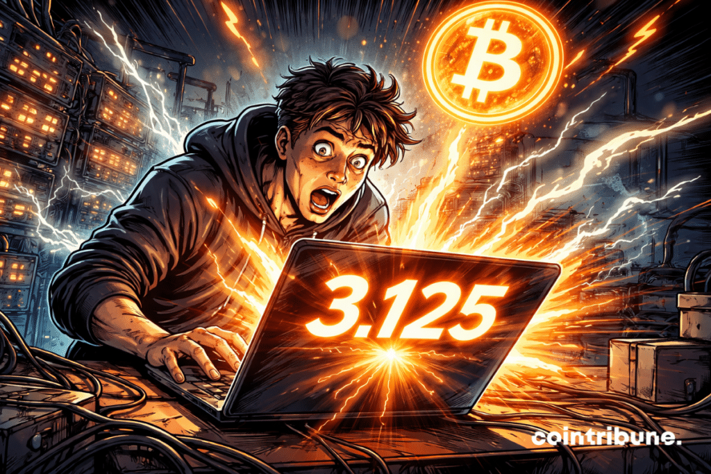 Shocked miner stares at glowing laptop showing 3.125 amid orange lightning and the Bitcoin symbol.