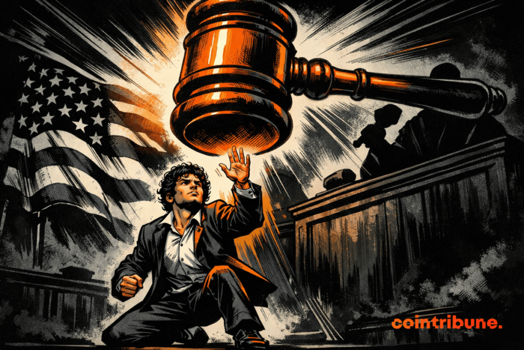 Um homem ajoelhado, vestindo um fato escuro, levanta a mão em direção a um enorme martelo laranja brilhante suspenso acima dele num dramático tribunal a preto e branco, com uma bandeira americana em segundo plano.